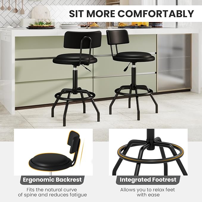COSTWAY Adjustable Height Bar Stools Set of 2, 360 Degree Swivel, Modern Guitar Stool for High Ergonomic Seating, with PU Leather Cushion, Heavy Duty Steel Frame for Bar, Shop and Music, Garage, Black