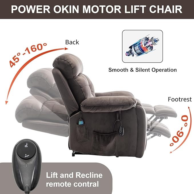 Oversized Lift Recliner Chairs for Elderly, 26in Extra Wide Power Chair with Massaga and Heating, Large Electric Lay Flat Recliners Sofa for Big and Tall Adult Lounging, Velvet Dark Brown