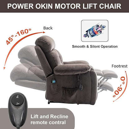 Oversized Lift Recliner Chairs for Elderly, 26in Extra Wide Power Chair with Massaga and Heating, Large Electric Lay Flat Recliners Sofa for Big and Tall Adult Lounging, Velvet Dark Brown