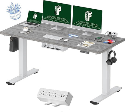 FLEXISPOT EN2 Whole-Piece Standing Desk with Clamp Power Strip, 60 x 24 Electric Stand Up Height Adjustable Desk with Cable Management (White Frame + 60" Gray Wood Grain Desktop, 2 Packages)
