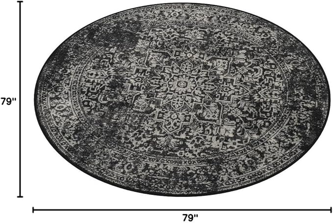 SAFAVIEH Evoke Collection Area Rug - 6'7" Round, Black & Grey, Distressed Design, Non-Shedding & Easy to Clean, Ideal for Living Room, Bedroom, Dining Space (EVK256R)