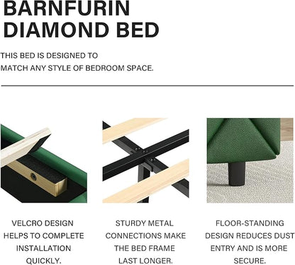 BarnFurin Twin Bed Frames with Headboard, Upholstered Bed with Diamond Tufted Design, Modern Platform Bed with Wooden Slats Support, No Box Spring Required, Easy Assembly, Green