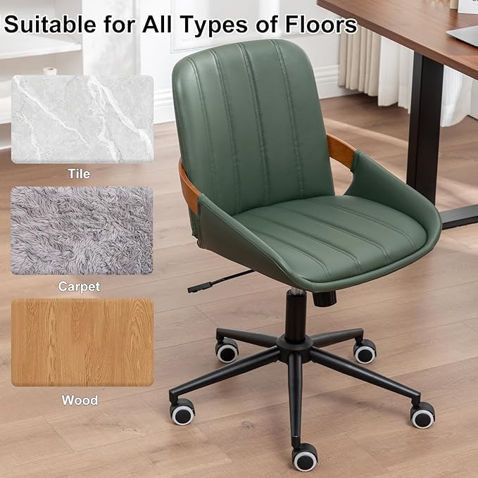 Small Home Office Chair No Arms,PU Leather Desk Chair with Wheels,Adjustable Height Work Chair,360° Swivel Computer Desk Chair for Office, Reading and Study (Green)
