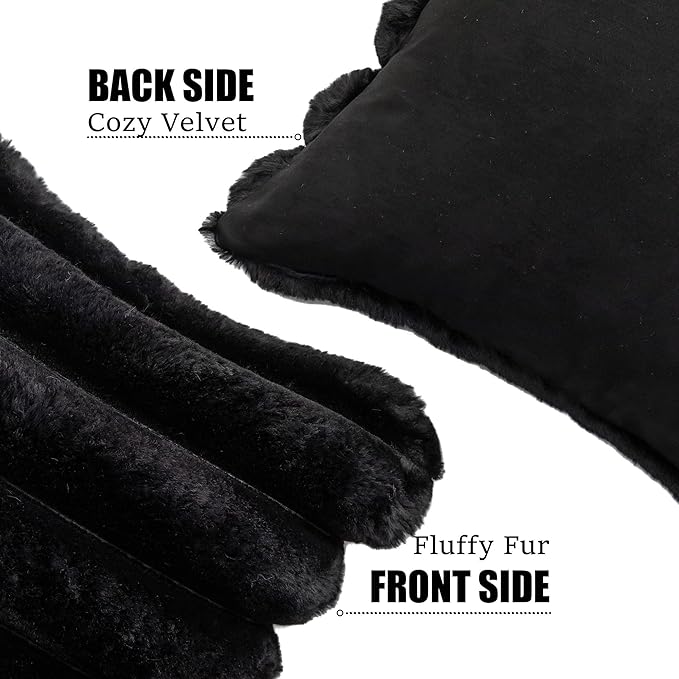Neelvin Black Faux Fur Cozy Soft Striped Decorative Throw Pillow Covers 16x16 inch Set of 2,Velvet Pillowcase Cushion Case for Sofa Couch