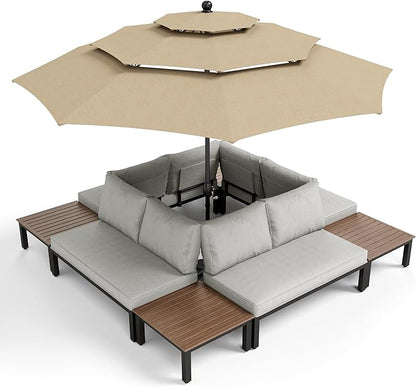 PHI VILLA 8 Pieces Outdoor Patio Furniture Set,Metal Frame Modern Outdoor Sectional Sofa Set,8 Seats with Umbrella Patio Conversation Sets,for Poolside and Backyard,Light Grey