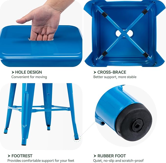 Vogue Furniture Direct 24 Inch Metal Bar Stools, Backless Counter Height Barstools, Indoor Outdoor Stackable Stools with Square Seat, Set of 4 (Blue)