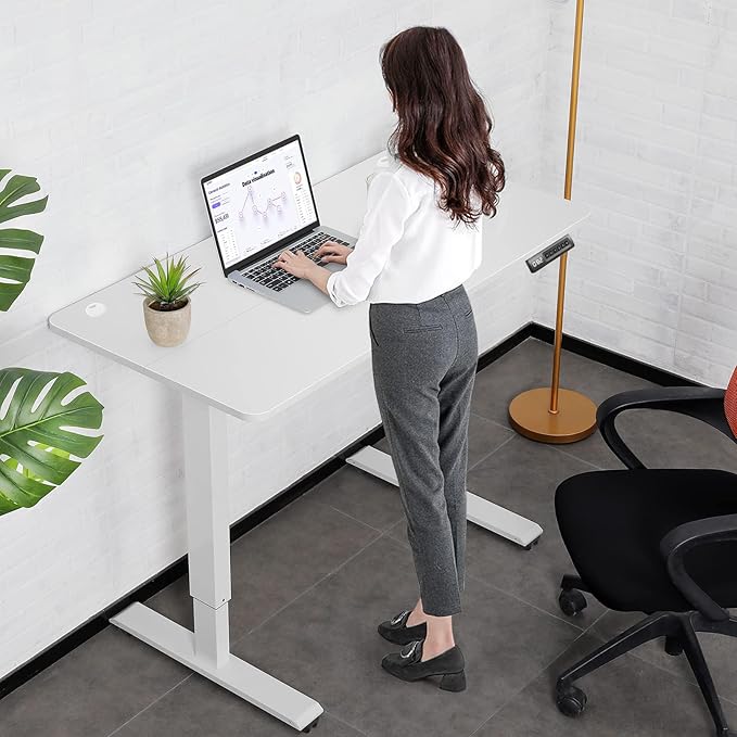 farexon Electric Standing Desk Adjustable Height, 48x24 Inches Stand Up Desk with 4 Preset Heights, Lockable Casters, Double Hooks,27.5''-46.5'' Lifting Range Home Office Computer Desk（White）