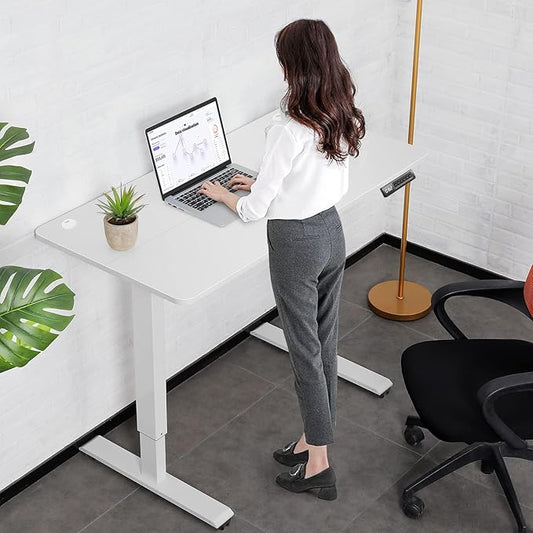 farexon Electric Standing Desk Adjustable Height, 48x24 Inches Stand Up Desk with 4 Preset Heights, Lockable Casters, Double Hooks,27.5''-46.5'' Lifting Range Home Office Computer Desk（White）