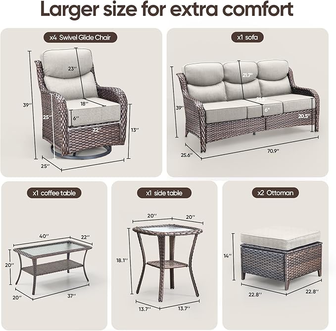 Swivel Patio Chairs sofa Set of 9 with 6" Thick Cushion - Wicker Outdoor Swivel Rocker Patio Chair ,Sofa/Glass coffee table, High Back Comfortable Outdoor Glider Chairs -Brown Wicker | Beige Cushions