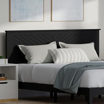 Serene Farmhouse Style Wood Bed in King Size with Chevron Scoring Headboard, Coastal Modern Design, Sturdy, Easy Assembly, Ample Underbed Storage, Black Finish