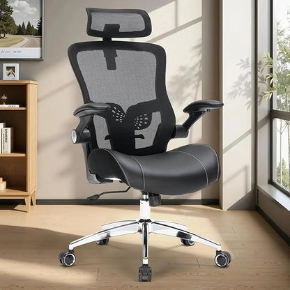 Heavy Duty Office Chair - 400lbs Home Office Desk Chairs with Soft 3D Modeling Wide Foam Cushion, Ergonomic Desk Computer Chair with Adjustable Headrest and Flip-Up Arms for Study, Bedroom