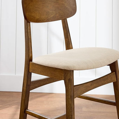 Best Choice Products Bar Stool Set of 2, Modern Farmhouse Counter Height Stools w/Upholstered Cushioned Seat, Wooden Curved Backrest - Walnut/Cream