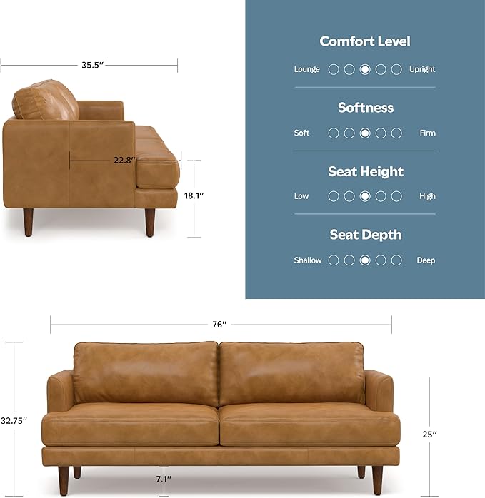 SIMPLIHOME Livingston 76-inch Wide Sofa in Sienna Top Grain Genuine Leather, Handcrafted Mid-Century Modern Loveseat for Living Room, Compact 2-Seater with Feather-Wrapped Cushions