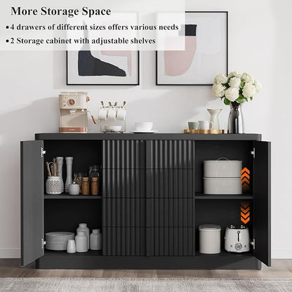 Buffet Cabinet with Storage, 60" Fluted Sideboard with 4 Drawers & 2 Door–Modern Accent Buffet Cabinet with Adjustable Shelves, Credenza Storage Cabinet for Kitchen, Dining, Living Room,Black(1PC)