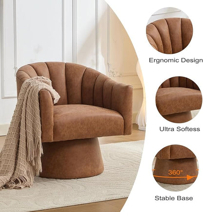 Swivel Accent Chair, Faux Leather 360° Swivel Barrel Chair Upholstered Modern Living Room Chair, Overstuffed Reading Armchair for Bedroom,Vanity,Office-Brown