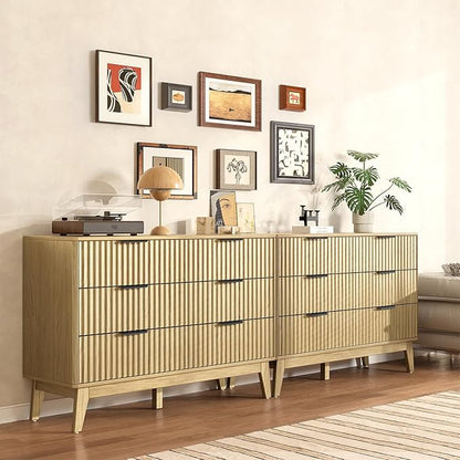 Modern 6 Drawer Dresser, Natural Oak, Fluted Wave Design, Rounded Corners, Mid Century Dresser TV Stand, 48" Wide Chest of Drawers for Bedroom and Living Room