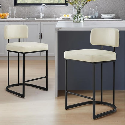 26" H Counter Height Bar Stools Set of 2, Modern Faux Leather Upholstered Barstools with Backrest for Kitchen Island, Black Metal Frames, Cream