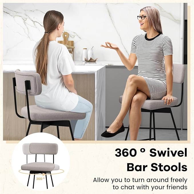 COSTWAY Bar Stools Set of 2, 25” Upholstered Counter Height Bar Stools with Back, 360° Swivel Dining Chairs with Heavy-Duty Metal Legs and Footrests, for Kitchen Island, Dining Room, Bar (2, Beige)