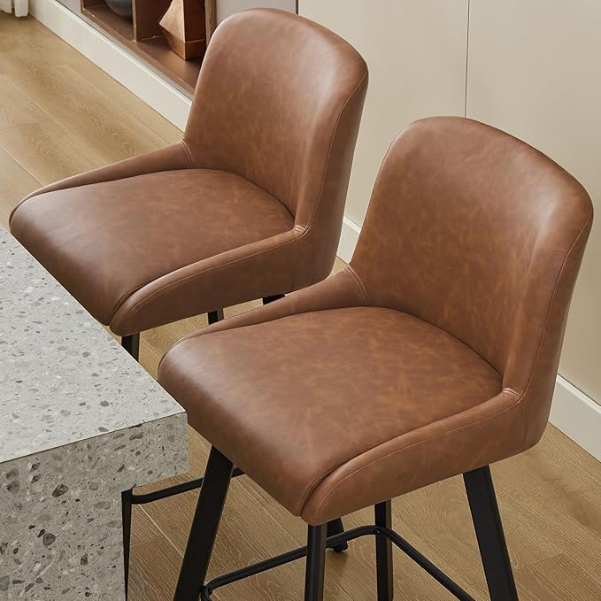 Swivel Bar Stools Set of 4, 30''H Upholstered Barstools with Backs, Modern Counter Height Bar Stool Chairs for Kitchen Island, Metal Legs, Faux Leather, Brown Counter Stools