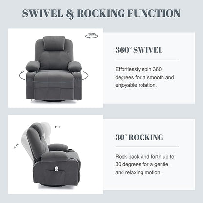Oversized Swivel Rocker Recliner Chair with Heat and Massage, Large Big Recliner Chair for Living Room, 360 Degree Swivel Rocking Single Sofa with Cup Holders and USB Port(Fabric, Dark Grey)