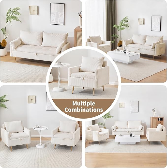 Furnimart 3-Piece Storage Sectional Sofa and Couch Set, Corduroy Loveseat with 2pc Accent Single Chairs, Small Living Room Furniture Set for Apartment, Tiny Homes and Lofts, 3PC-Beige