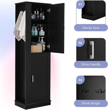 Tall Freestanding Storage Cabinet, Multi-Purpose Floor Organizer with 2 Doors, Hook and Adjustable Shelf for Bathroom, Office, Black