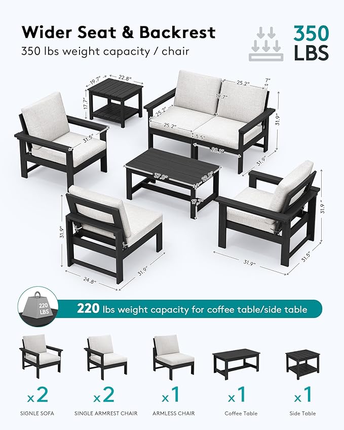SERWALL HDPE Patio Conversation Set, 6-Piece Sectional Outdoor Furniture Set, All Weather Outdoor Couch Set Patio Furniture Set for Deck, Lawn, Black Frame with Khaki Cushion