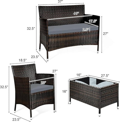 COSTWAY 4PCS Rattan Patio Furniture Set, Outdoor Wicker Rattan Chairs with Coffee Table, Rattan Cushioned Conversation Set for Backyard Balcony Porch Poolside, Grey