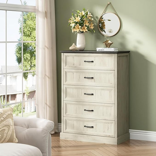 CARPETNAL Farmhouse 5 Drawers Dresser for Bedroom, 44" Tall White Dresser Wood Rustic Chest of Drawers with Wide Metal Handle,Natural Texture,Drawer Organizer for Bedroom,Living Room,Hallway