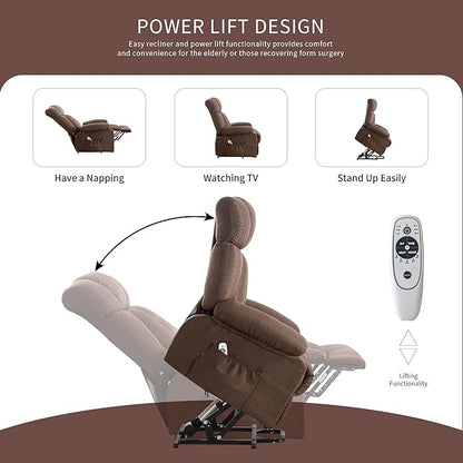 Oversized Power Lift Recliner Chair for Elderly, Big and Tall Lift Chair with Massage and Heat for Living Room, Fabric Electric Recliner Chairs with 4 Side Pockets, USB Charge Port,Brown