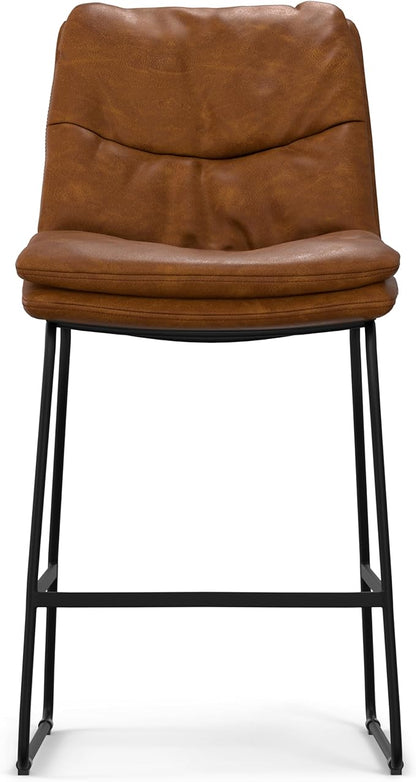 SIMPLIHOME Danika Counter Stools (Set of 2) - 24 Inch Seat Height Upholstered Metal Kitchen Seats in Camel Brown Vegan Faux Leather, Mid Century Modern Seating with Tufted Design and Footrest