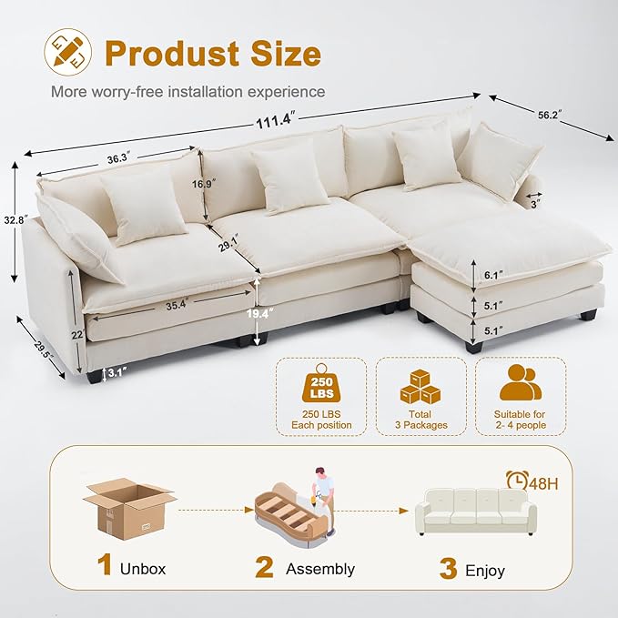 Expandable Modular Sectional Sofa with Ottoman, 111.4" Cloud Chenille U-Shape Couch, Reversible Chaise & 2nd Ottoman for Large Spaces, Deep Seat, Solid Wood Frame