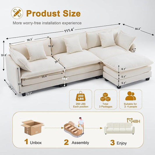 111.4" L-Shaped Cloud Chenille Sectional with Reversible Chaise, Flexible 3+1 Layout for Large Spaces, Deep Seat and Free Pillows Included