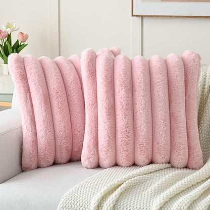 FUTEI Pink Decorative Throw Pillow Covers 16x16 Inch Set of 2, Square Soft Faux Rabbit Fur Thick Striped Cushion Cover,Winter Home Decor for Couch Bed Living Room