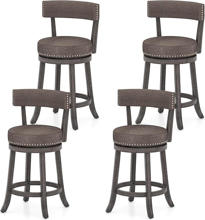 COSTWAY Bar Stools Set of 4, Upholstered Farmhouse Bar stools with Cushioned Seat & Backrest, Solid Wood Legs, Footrest, 26” Counter Height Swivel Stools for Kitchen Island, Pub (4, 26'' Seat Height)
