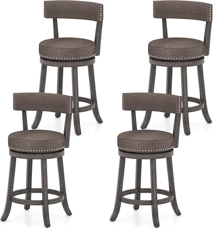 COSTWAY Bar Stools Set of 4, Upholstered Farmhouse Bar stools with Cushioned Seat & Backrest, Solid Wood Legs, Footrest, 26” Counter Height Swivel Stools for Kitchen Island, Pub (4, 26'' Seat Height)