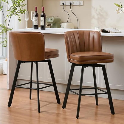 Swivel Counter Height Bar Stools Set of 3, 30'' Modern Barstools with Backs and Metal Legs, Upholstered Bar Chairs, Faux Leather Dark Brown Stools for Kitchen Island Chairs