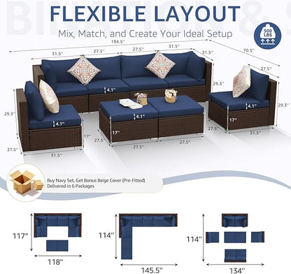 NICESOUL 8 Person Modern Deck Furniture Set, 29.3'' High Back Comfy Outdoor Sectional Sofa Set, Extra Large Wicker Patio Conversation Seating Sets for Terrace, Brown Rattan and Navy Blue Cushion