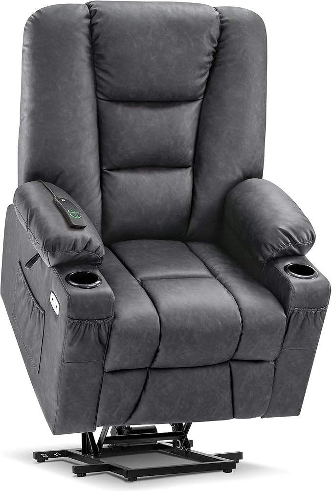 MCombo Large Power Lift Recliner Chair Sofa with Massage and Heat for Big and Tall Elderly People, 3 Positions, Cup Holders, and USB Ports, Faux Leather 7539 (Large, Dark Grey)