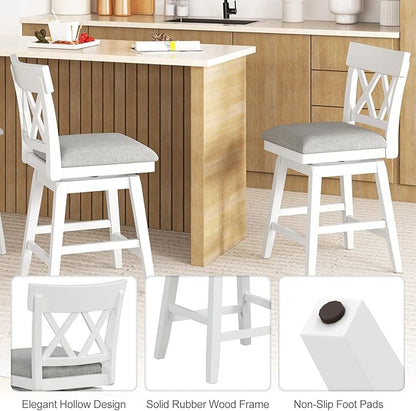 COSTWAY Bar Stool Set of 3 for Kitchen Island, 26" Counter Height Chair with Ergonomic Backrest, Foot Rest, Padded Seat & Solid Wood Structure, 360°Swivel Farmhouse Barstool with Back