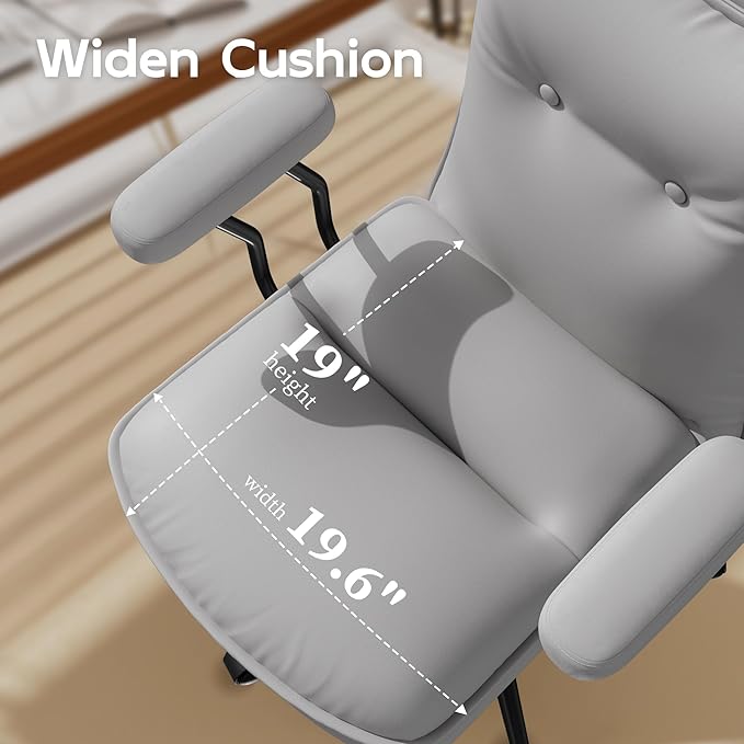 Grey Office Chair with Wheels,Triple-Layers Thicken Wide Seat Height Adjustable,Mid Back Computer Leather Desk Chair for Home,Office