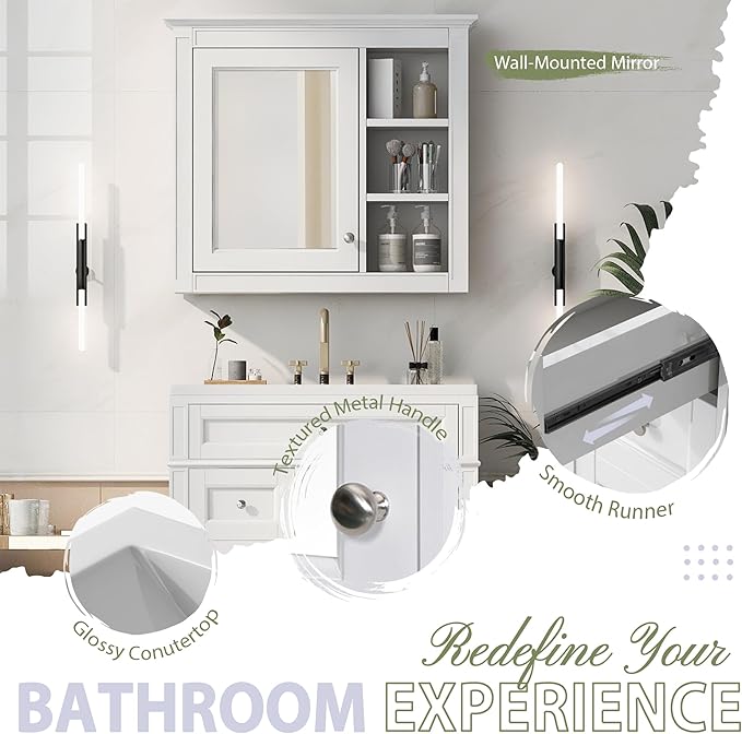 30" Bathroom Vanity with Matching Medicine Cabinet, Modern Sink Storage Cabinet with Drawers, Soft Closing Doors and Shelf, Bathroom Vanities with Sink & Mirror