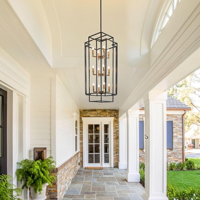 Farmhouse 12-Light Lantern Tiered Pendant Light Fixture - Entryway Chandelier for High Ceilings, Staircase, Hallway (Black and Gold)