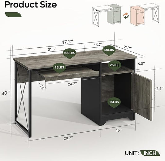 Bestier Office Desk with Keyboard Tray, Industrial Computer Desk with Storage, Reversible Executive Desk with File Cabinet for Home Office Bedroom, 47 inch Grey