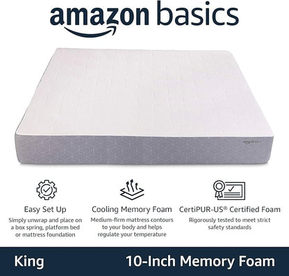 Amazon Basics Gel Memory Foam Mattress, Firm, Cooling, King Size Mattress, CertiPUR-US® Certified Foam, 80 x 76 x 10 inches, White/Gray