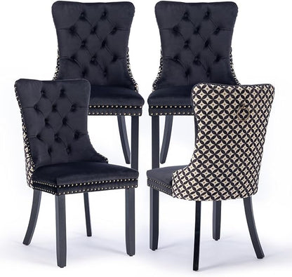 Velvet Upholstered Dining Chairs Set of 4, Modern Style Kitchen Side Chairs with Nailhead Trim and Wood Legs,Metal Pulling Ring for Dining Room Living Room(Quadrangular Star&Black)