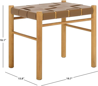 SAFAVIEH Couture Collection Devnie Brown Woven Leather & Natural Solid Wood Ottoman (Fully Assembled)