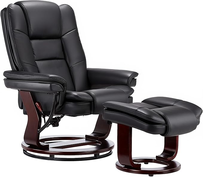 JC Home Argus Swivel Recliner with Ottoman, PU Leather & Wood Base Reclining Chair with Footrest, Ultra-Plush Double Foam for Living Room, Bedroom and Office