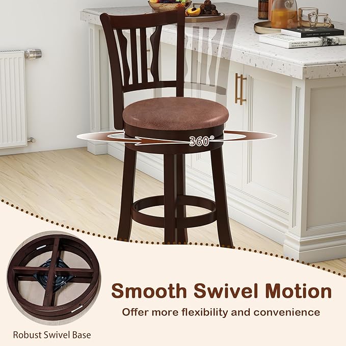 COSTWAY 26" Counter Height Stools Set of 2, Swivel High-Top Chairs with Backrest & Faux Leather Padded Seat, Rubber Wood Counter Barstools with Footrest for Kitchen, Dining Room, Pub (2,26'')