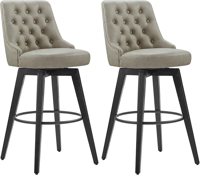 Watson & Whitely Bar Stools, 360° Swivel Upholstered Bar Stool with Back, 30" H Bar Height Barstools, Set of 2, Faux Leather in Stone Grey